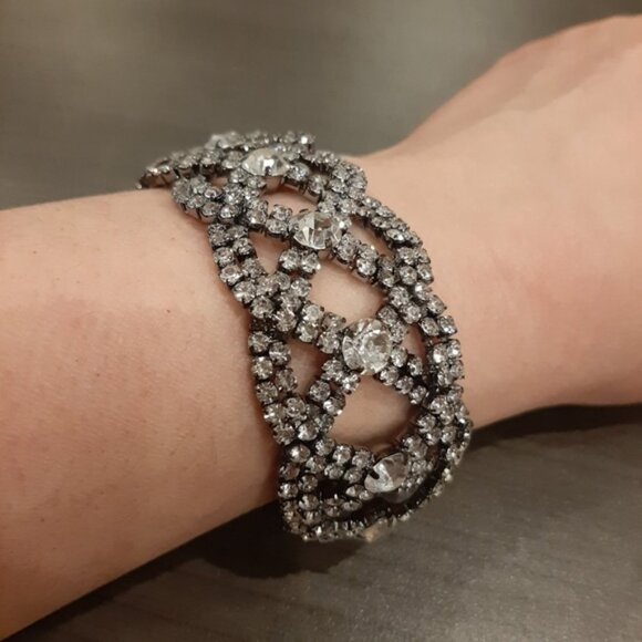 Braided Faux Diamond Bracelet Rhinestone Formal Wedding Woven Chunky Gunmetal - Picture 11 of 12